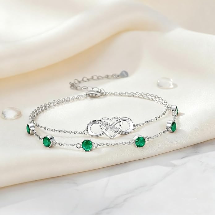 Prismata Infinity Birthstone Charm Link Bracelet 925 Sterling Silver Adjustable 12 Months Birthstone Infinity Bracelet Birthday Jewelry Gifts for Women Mom Her,with 7"+2" chain
