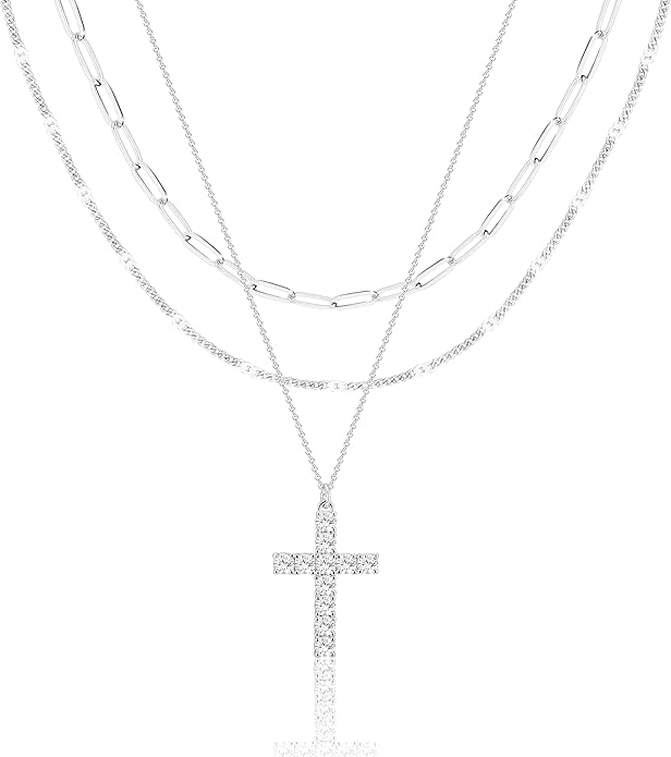 Layered Gold Necklaces for Women, Stackable Dainty 14K Gold Silver Plated Trendy Simple Heart Diamond Cross Bow Circle Pendant Paperclip Choker Dot Chain Necklace,Jewelry Set Gifts for Women