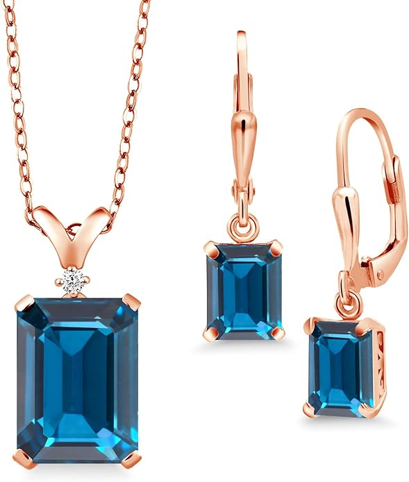 Gem Stone King 9-13 Cttw Pendant and Earrings Jewelry Set For Women | Emerald Cut 14X10MM and 8X6MM | Round 1.5MM | Gemstone Birthstone and Diamond | 925 Sterling Silver | 18 Inch Silver Chain