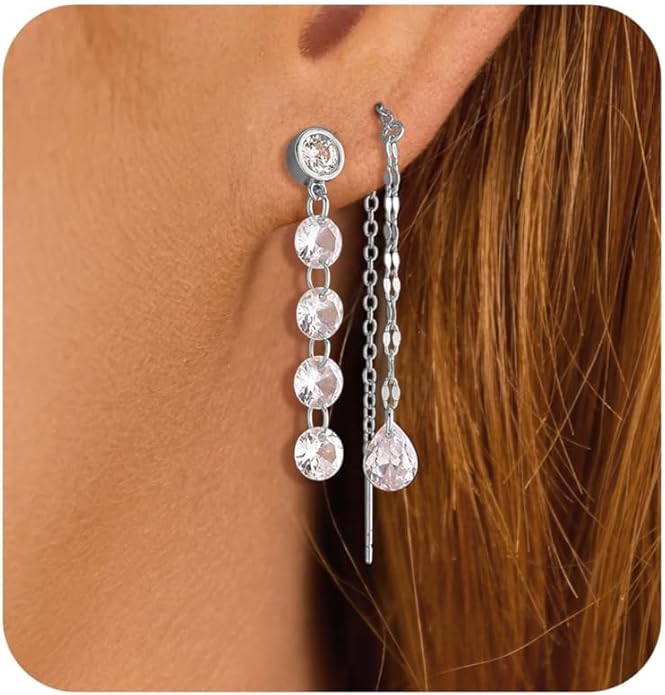 Dangle Earrings For Women Trendy 14K Gold Plated Drop Silver Long Dangling Dainty CZ Simple Hanging Jewelry