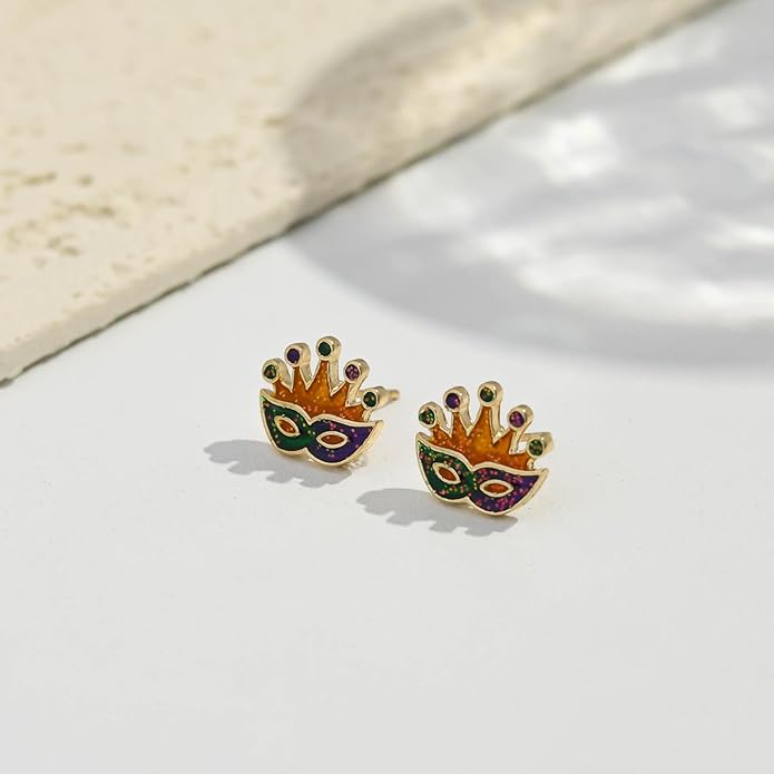 MardiGras Stud Earrings for Women Glitter Delicate Compact Flower Mask Hat Lips Stud Earring Charm Green Purple Gold Carnival Earring Cute MardiGras Jewelry Accessories for Women
