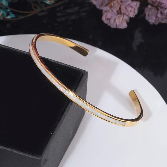 CiNily Womens Cuff Bracelet,Opal Bangle Bracelets Gold Plated Hypoallergenic Ladies Gemstone Open Cuff Bangle Bracelet