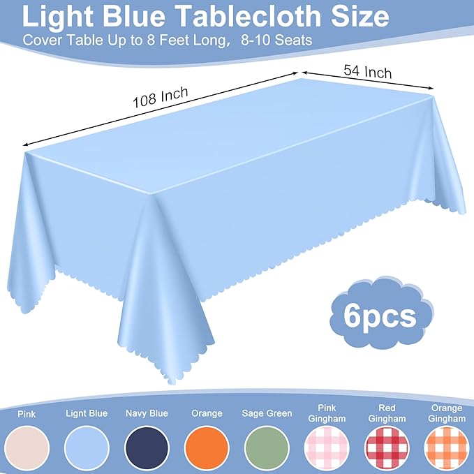 6 Pack Plastic Light Blue Tablecloth, 54 X 108Inch Disposable Baby Blue Scalloped Dessert Tablecoth for Rectangle Table Waterproof Spring Table Cover for BBQ Picnic Wedding Birthday Baby Shower Decor