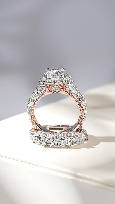 Jeulia 4 Carat Openwork Ring Sets for Women 925 Sterling Silver Wedding Sets Rose Gold Round Cut Halo Engagement Ring White Diamond band CZ Solitaire Anniversary Promise Rings