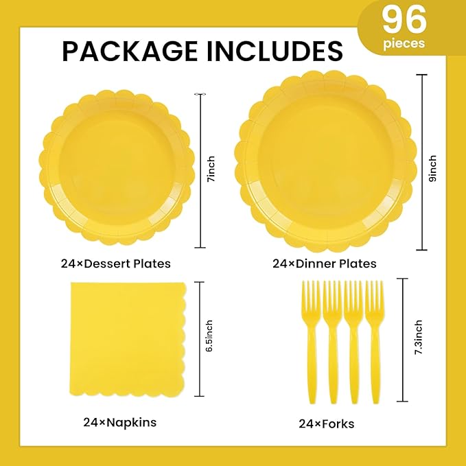 96PCS Yellow Paper Plates and Napkins, 24 Guest Light Yellow Disposable Tableware Set Include Scalloped Paper Plates Napkins and Forks Decoration Party Supplies for Birthday Wedding Baby Shower