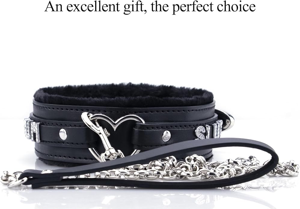 Leather Heart O-ring Collar Necklace for Women, Adjustable Gothic Punk Collar with Letters Soft Furry Choker Jewelry