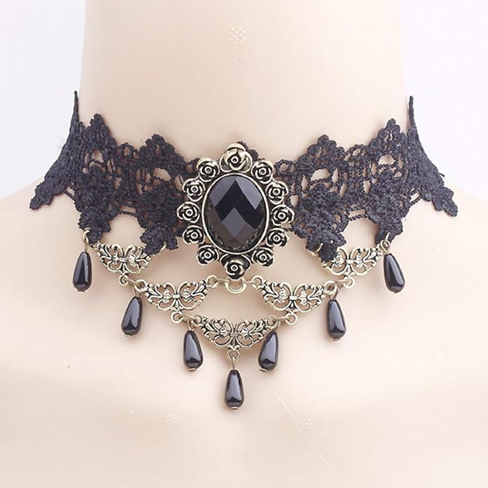 Halloween Elegant Sexy Women Lady Retro Gothic Punk Style Necklace Black Lace Neck Chain Collar Statement Choker Victorian Steampunk Jewelry Party Wedding Princess,5 Pieces/Set