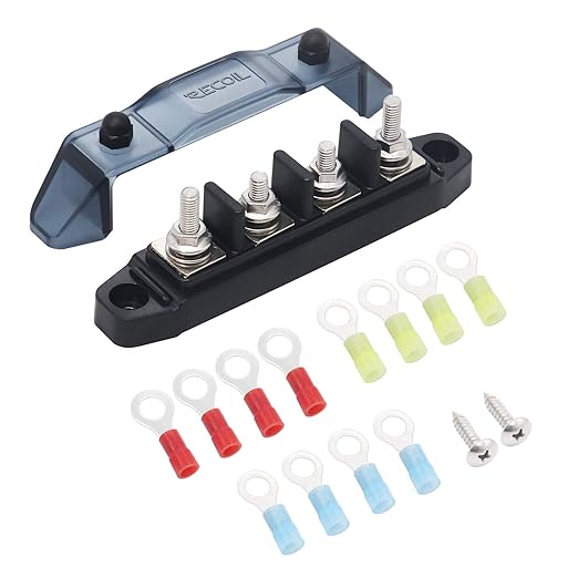 Recoil BBSPG4 Discrete 4 Position Barrier Strip Bus Bar 4 x M5 Studs Terminals Power Distribution Block Busbar with Ring Terminals