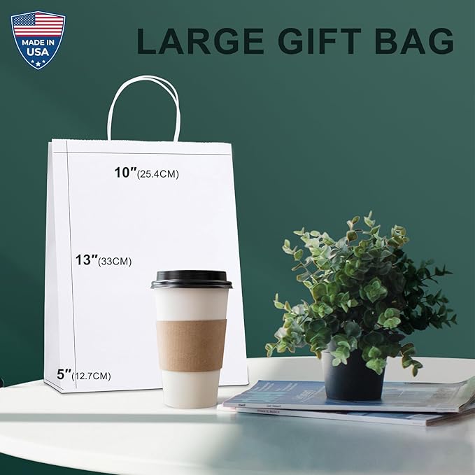 METRONIC Gift Bags 10x5x13'' 100Pcs White Paper Bags with Handles Bulk, Kraft Paper Bag for Small Business, Birthday Wedding Party Favor Bag, Christmas Gift bags, Retail shopping Bags