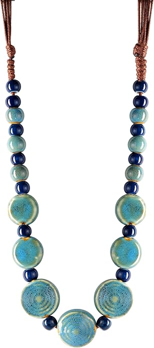 MINACHI Boho Hippie Round Ceramic Beads Strand Necklace, Vintage Bohemian Summer Beach Jewelry Gift for Women