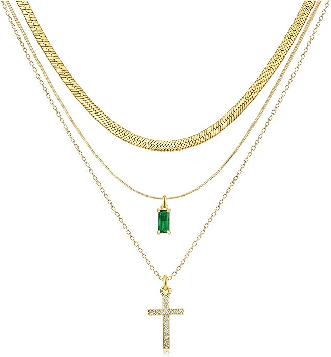 3Pcs Gold Layered Necklaces for Women, 14K Gold Plated Cross Necklace, Dainty Birthstone Necklace for Women, Herringbone Gold Necklaces Set, Stackable Women's Gold Pendant Necklaces Jewelry Set