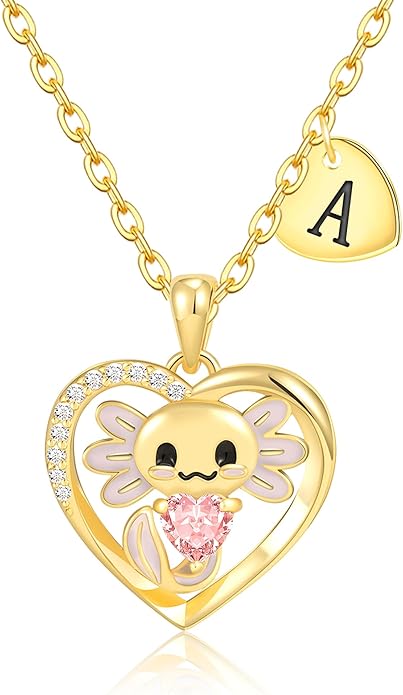 C-leen Axolotl Valentines Day Gifts for Her, 14K Gold Plated Axolotl Initial Necklace Cute Heart Initial Pendant Necklaces Birthday Valentines Day Gifts for Kids Girls Women
