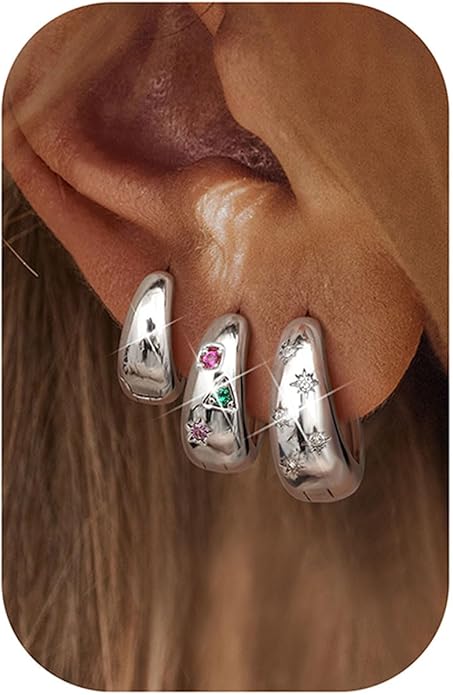 14K Gold Plated Hoop Earrings Set for Women - 3Pairs Chunky 14K Gold Plated Silver Huggie Earrings Small Earrings Lightweight Hypoallergenic MultiColored CZ Hoop Earrings Stacks for Multiple Piercing