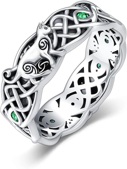 Seiyang Celtic Cat Ring 925 Sterling Silver Irish Trinity Knot Celtic Cat Wedding Promise Ring with 12 Months Birthstone Irish Lucky Jewelry Gifts for Women Mom Her