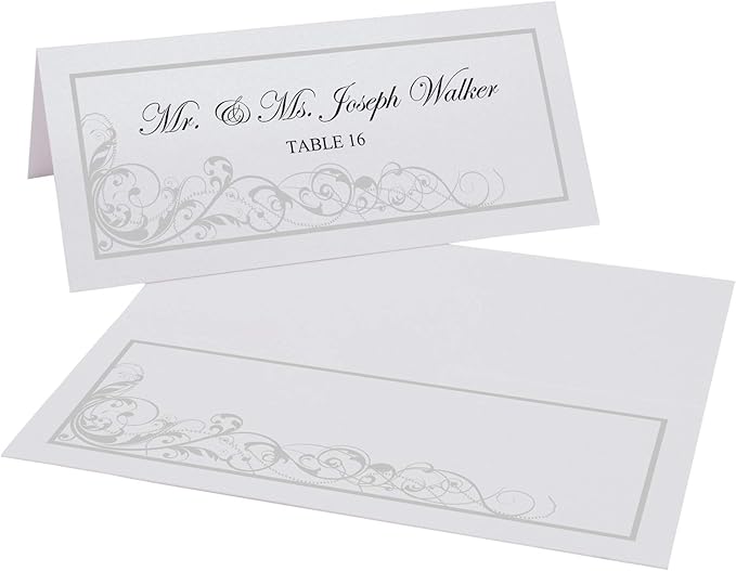 Scribble Vintage Swirl Printable Place Cards, Silver (Choose Color), Set of 60 (10 Sheets), Laser & Inkjet Printers - Wedding, Party, Dinner, and Special Events - Made in the USA