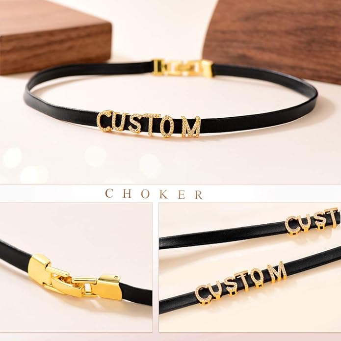 Custom4U Personalized Black Leather Choker Necklace with Picture/Name/Initials/Letters Charm,Custom Made Adjustable Choker Collar Gothic Punk Necklaces Jewelry Gifts for Women
