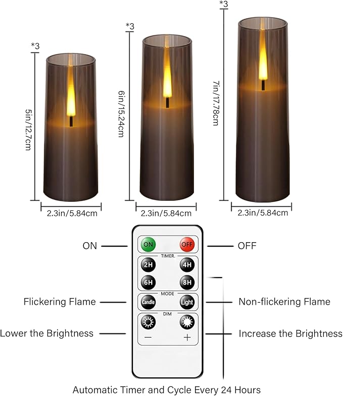 Flameless LED Candles, Upgraded Realistic 9 Pcs Flickering Flame Pillar Candles, Battery Operated Candles with Remote Timer, for Romantic Ambiance and Home Decoration (Grey)