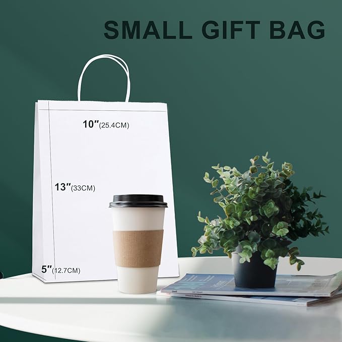 METRONIC 10x5x13 Inch White Paper Gift Bags 50Pcs Gift Wrap Bags with Handles, Kraft Paper Bag for Small Business, Heavy Duty Bulk Bag for Birthday Party Favors, Shopping, Retail
