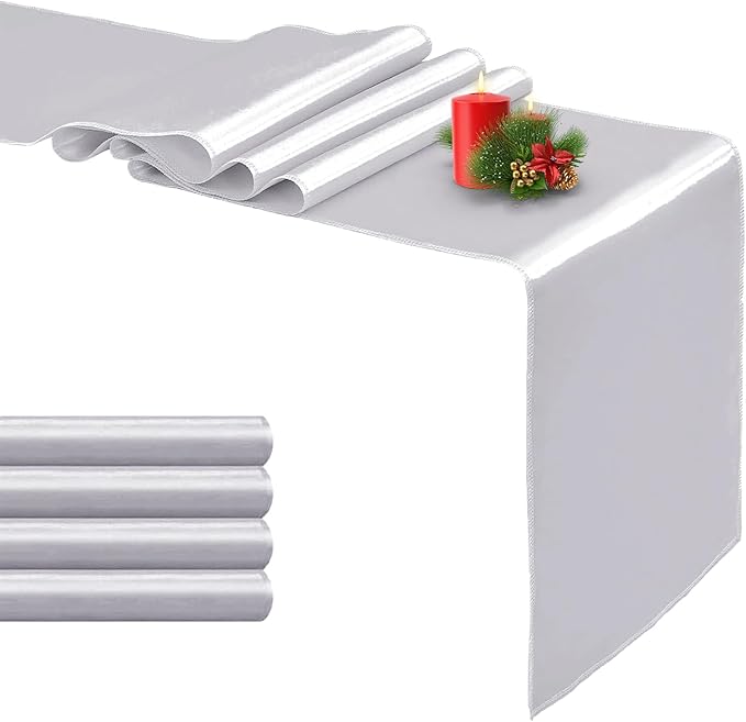 5 Pack Satin Table Runner Silver 12 x 108 Inch Long,Satin Silk Table Runner for Wedding,Birthday Party and Banquet(Silver,5 Pack), Sliver