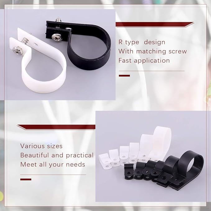 Hilitchi 132 Pcs 6 Sizes Black and White Plastic Cable Clamp R Type Screw Mounting Cord Fastener Cable Clips Assortment Kit with Screws for Wire Management Cable Conduit (Clips from 6mm to 23mm)