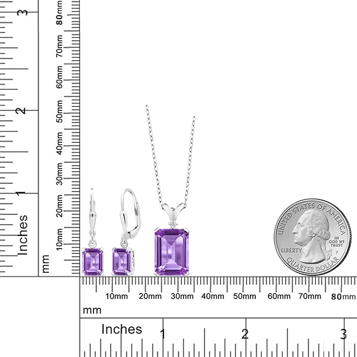 Gem Stone King 9-13 Cttw Pendant and Earrings Jewelry Set For Women | Emerald Cut 14X10MM and 8X6MM | Round 1.5MM | Gemstone Birthstone and Diamond | 925 Sterling Silver | 18 Inch Silver Chain