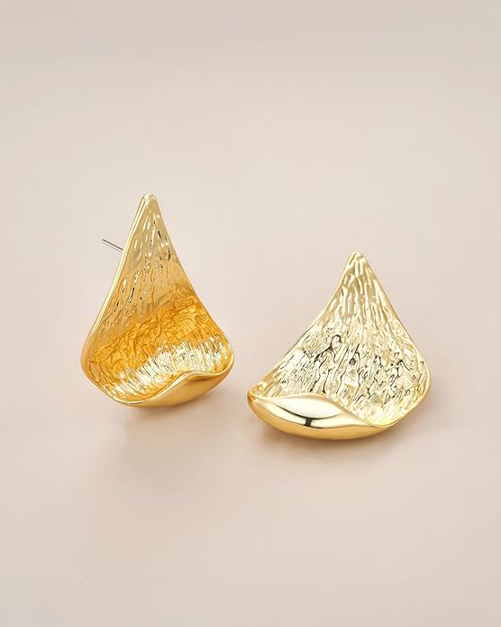 SNGIA18K Gold Plated Dangle Textured Ribbed Irregular Large Leaf Statement Earrings for Women by SNGIA, Handmade Dramatic Geometric Trendy Summer Drop Leaf Flower Jewelry Gifts, Bold Beachy Vintage Plant Fashion Drop Accessories, Vintage Nickle Free Fl...
