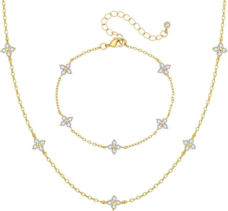 Yougeigy Gold Jewelry Set for Women, Dainty Necklaces 14k Gold Plated Prom Lariat Necklace Trendy Stuff Fashion Cubic Zirconia Simulated Diamond Gold Bracelets, Choker Necklace Jewelry Gifts