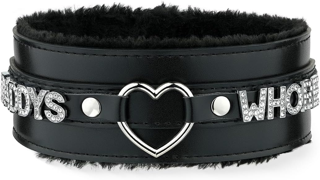 Pink Furry Heart O-ring Leather Choker Collar For Women, Handmade Punk Gothic Letter Necklace Adjustable Fashion Jewelry