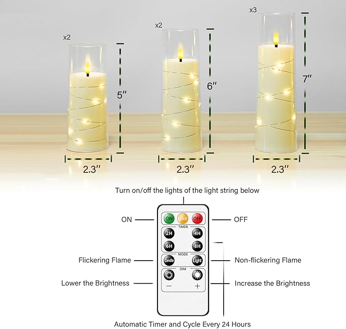 Flameless Candles with Embedded Star String, Battery Operated LED Pillar Candles with Timer and Remote Control,Home Decorating for Ambiance， Set of 7(Ivory)