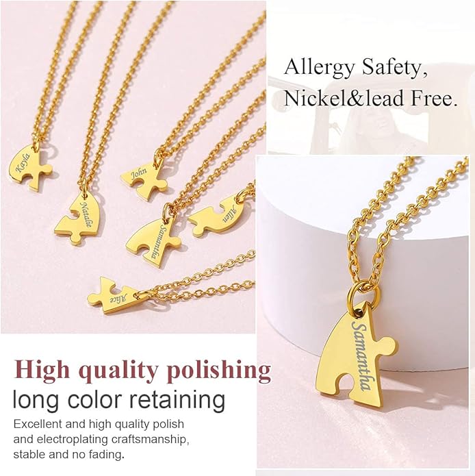 FindChic Personalized Matching BFF Necklace for 2/3/4/5/6 Puzzle Name Heart Pendant Stainless Steel Couple Necklace Set Customized Necklaces for Teen Girls
