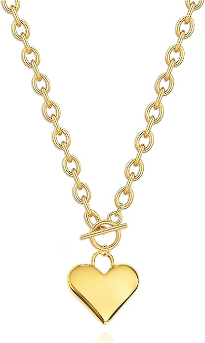 Zeffy 14K Gold/Silver Plated Chunky Thick Chain Toggle Clasp Necklace Dainty Baroque Pearl/Heart/Cross/Turquoise Pendant Necklace