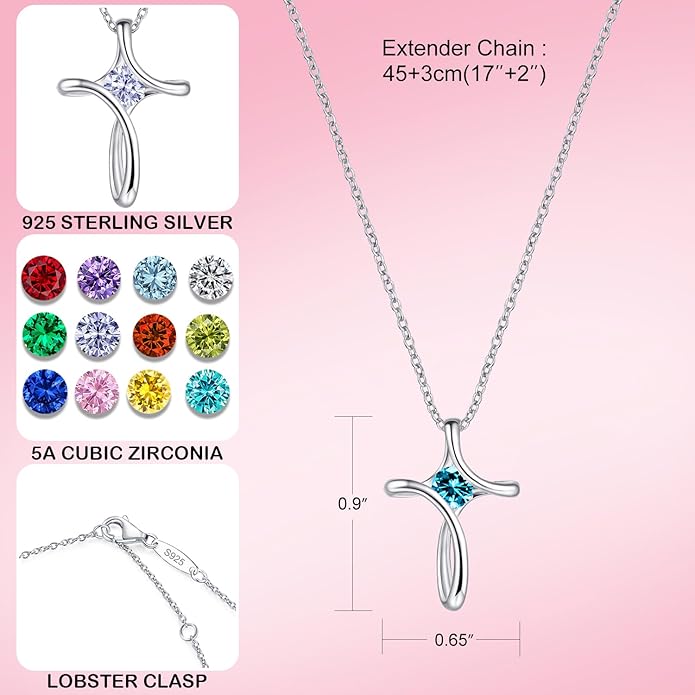 Cross Necklace for Women, 925 Sterling Silver Birthstone Necklace for Women with Diamond Sideways Cross Necklaces Birthstone Jewelry Birthday Gifts for Womens