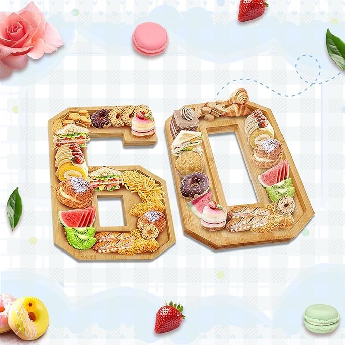Brainy 60th Birthday Party Supplies Trays Number Charcuterie Tray Wooden Serving Anniversary Number Charcuterie Tray for 60th Birthday Anniversary Party Decorations Chocolate Candy Container
