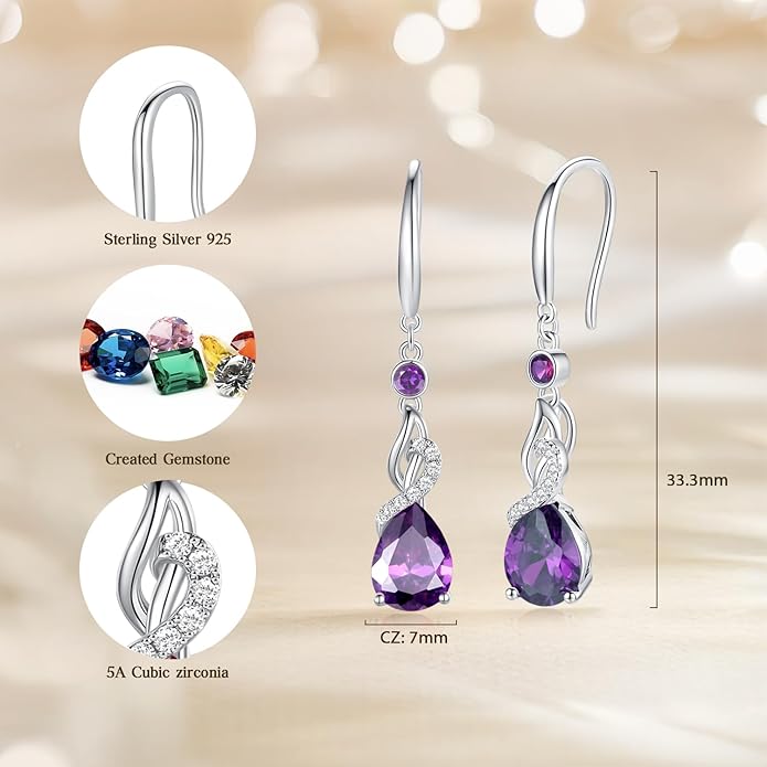FANCIME Teardrop Dangle Drop Earrings 925 Sterling Silver Pear Gemstone Birthstone Earring Fine Jewelry Birthday Gifts for Women