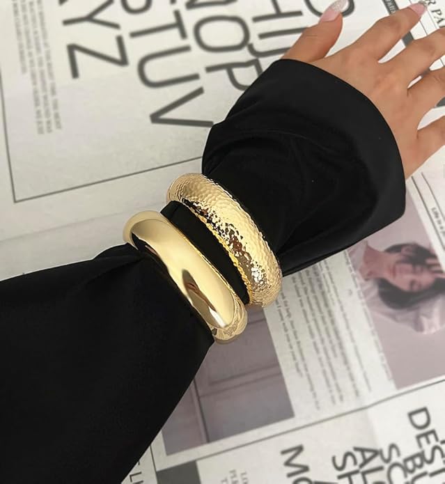 Chunky Gold Bangle Bracelets for Women, Dainty 14k Gold Plated Big Stackable Bangles Set, Trendy Statement Cuff Bracelet Stack Fashion Jewelry Christmas Gifts