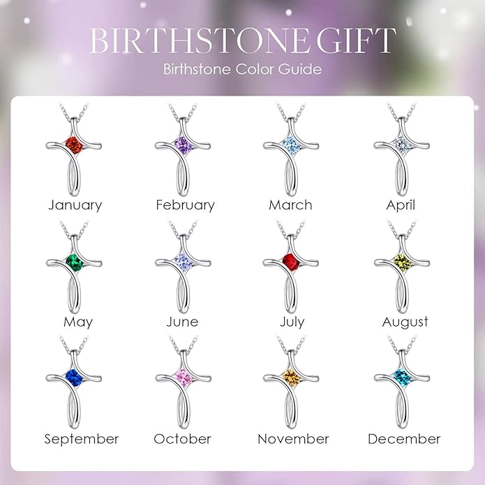 Cross Necklace for Women, 925 Sterling Silver Birthstone Necklace for Women with Diamond Sideways Cross Necklaces Birthstone Jewelry Birthday Gifts for Womens
