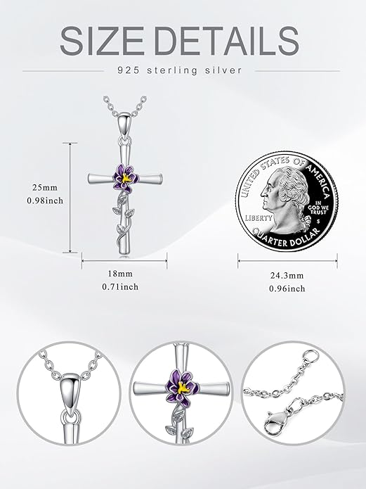 Flower Necklace Sunflower/Violet/Daffodil Necklace Sterling Silver Flower Cross Pendant Jewelry Gifts for Women