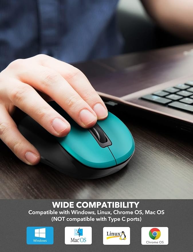 Trueque Wireless Mouse for Laptop, 2.4GHz Ergonomic Computer Mouse with Back & Forward Buttons,3 Adjustable DPI Levels, 6 Buttons, Optical USB Cordless Mice for Windows Chromebook MacBook PC (Teal)