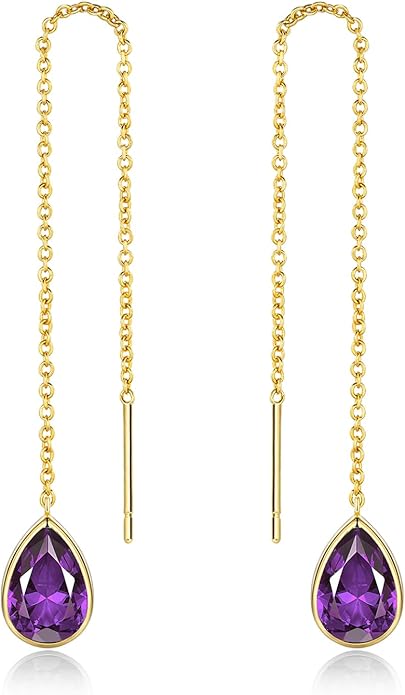 Long Dainty 18K gold plated Threader Chain (Green, Purple) Emerald Purple Dangle Earrings for Women by SNGIA, Minimalist Fashion Statement Trendy Thin Drop Jewelry Gifts