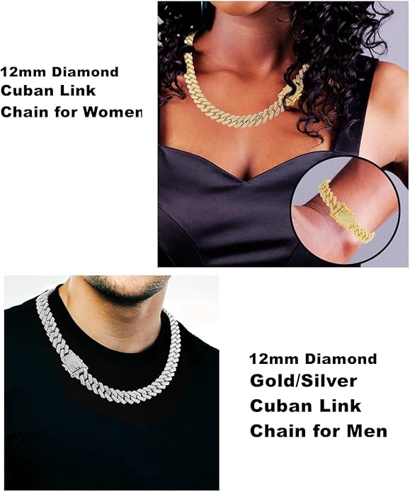 HH BLING EMPIRE 14k Gold/Silver Cuban Link Chain for Women Iced Out Diamond Chunky Cuban Link Necklace Chain Bracelet 2pcs Sets