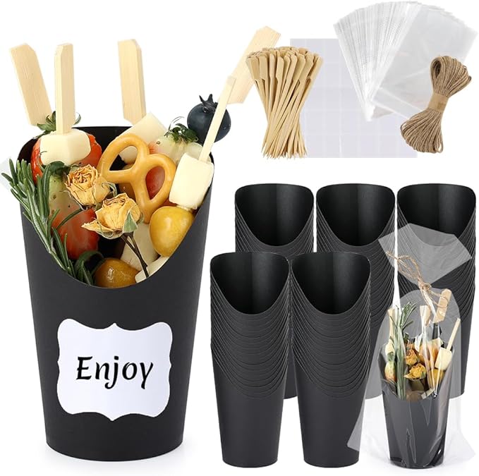 50 Sets 12 oz Charcuterie Cups Black, 100 Picks + 50 Bags + 50 Labels, Disposable Charcuterie Cups with Sticks, Paper Individual Snack Cup Disposable French Fry Cup for Parties, Catering