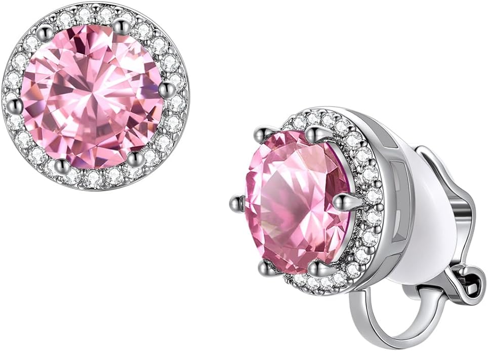 FindChic Sparkling Birthstone Clip On Earrings for Women, Silver Plated Stud Earrings 8MM Cubic Zirconia Non Pierced Studs, 12 Months Birthday Jewelry Gift