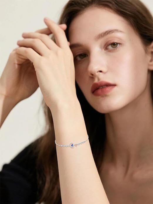 Birthstone Charm Link Bracelet 925 Sterling Silver Rose/Heart/Mom Bracelet with 12 Months Birthstone Mother's Day Gift Jewelry Gifts for Women,Chain Length 7"+2" Extend