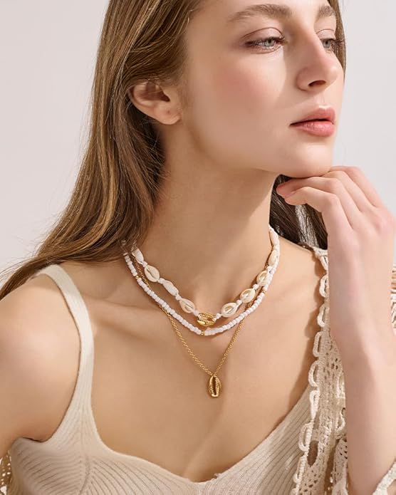 Shell Starfish Charm Necklace For Women Boho Ocean Themed Necklaces for Women, Layered & Charm Pendant Necklaces Summer Beach Jewelry