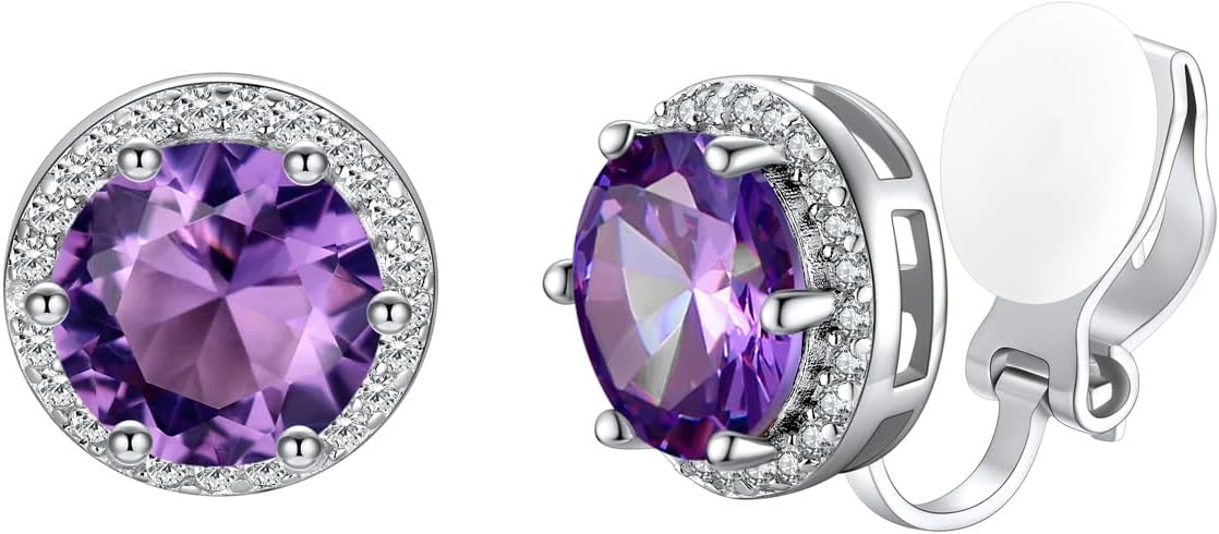 Silvora 925 Silver 8MM Cubic Zirconia Birthstone Clip On Stud Earrings Round Non Pierced Earrings For Women,Come with Box
