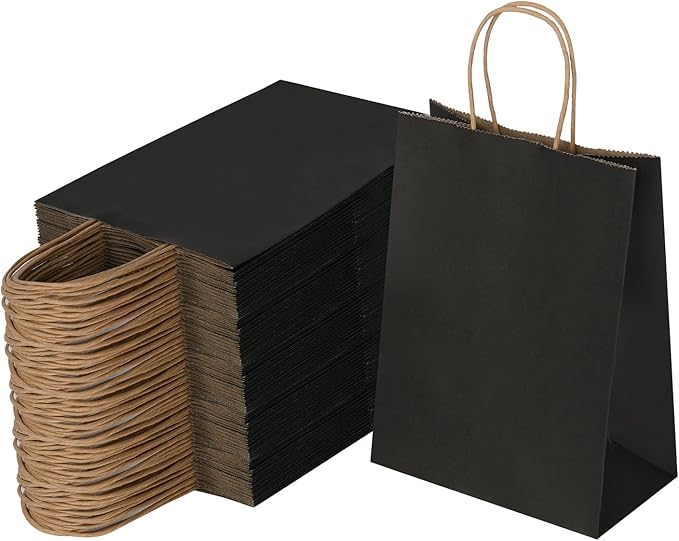 Joybe 100 Pack 6x3.25x8 Inch Small Black Paper Bags with Handles Bulk, Kraft Paper Gift Bags for Birthday Party Favors Grocery Retail Shopping Business Goody Merchandise Craft Blank Sacks (100pcs)