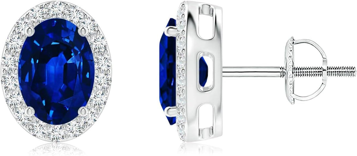 ANGARA Natural Blue Sapphire Earrings for Women | Prong-Set Oval Blue Sapphire Stud Earrings with Diamond Halo in 14K Solid Gold/Platinum | September Birthday, Anniversary, Gemstone Jewellery Gift