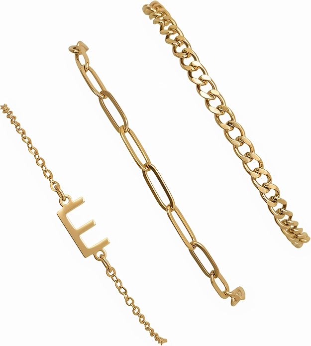 14K Gold Plated Bracelets for Women, A–Z Initial Charm Bangles Jewelry Set, Elegant Gold Accessories, Friendship Bracelet Gifts for Mom
