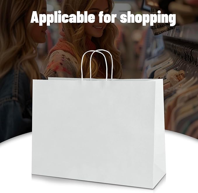 bagmad 50 Pack 16x6x12 Inches Large White Kraft Paper Bags with Handles Bulk for Shopping Wedding Grocery Retail Merchandise Business Craft Gift Bags(50 Count)