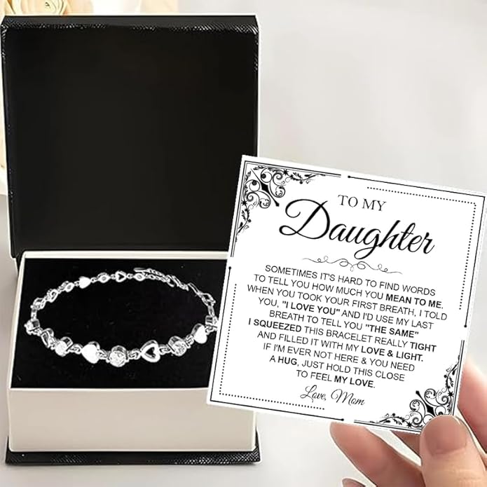 To My Daughter Bracelet, Silver Heart Chain Bracelet with Shiny Stones, Perfect Birthday or Graduation Christmas Gift for Daughter with Message Card Gift Box